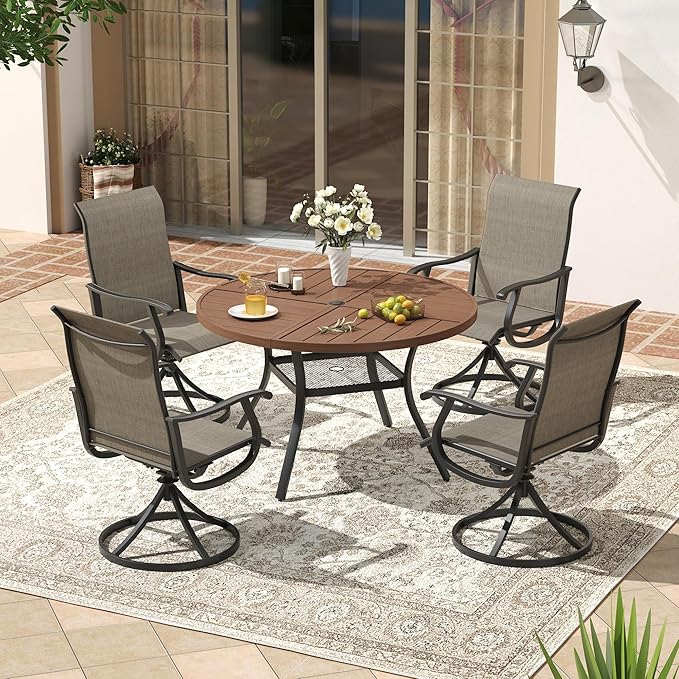 VICLLAX 40.6" Round Patio Dining Table for 4, All Weather Metal Outdoor Table with 1.57" Umbrella Hole and Storage Shelf for Garden Lawn Deck, Walnut