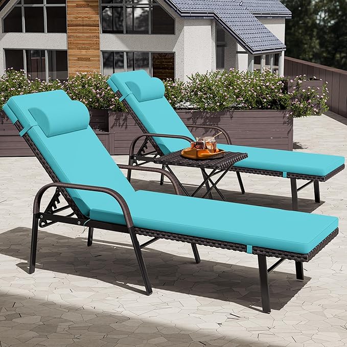 Patio Chaise Lounge Set 3 Pieces Outdoor Lounge Chair with Rattan Adjustable Backrest Armrest and Folding Table for Beach Patio,Sand, for Poolside Backyard Porch