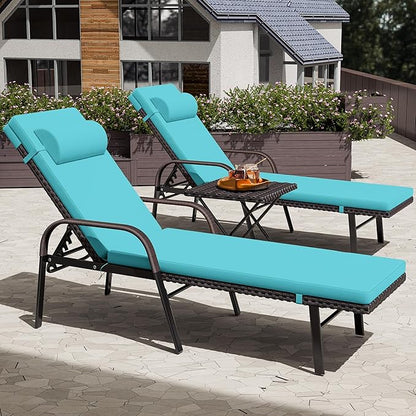 Patio Chaise Lounge Set 3 Pieces Outdoor Lounge Chair with Rattan Adjustable Backrest Armrest and Folding Table for Beach Patio,Sand, for Poolside Backyard Porch