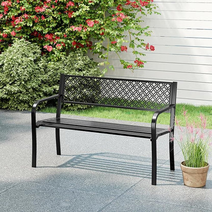 Tangkula 50 Inches Outdoor Garden Bench, Metal Patio Park Bench with Geometric Lattice Backrest, Armrests and Slatted Seat, Outdoor Loveseat Chair for Porch, Lawn and Yard (Black)