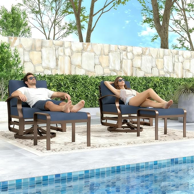 Gotland 4 Piece Patio Set, Metal Outdoor Swivel Chairs Set of 2 with 2 Ottoman 5.1’’ High-Resilience Seat Cushions Removable Cushions, Aluminum Patio Furniture Set for Lawn, Porch, Balcony, Navy