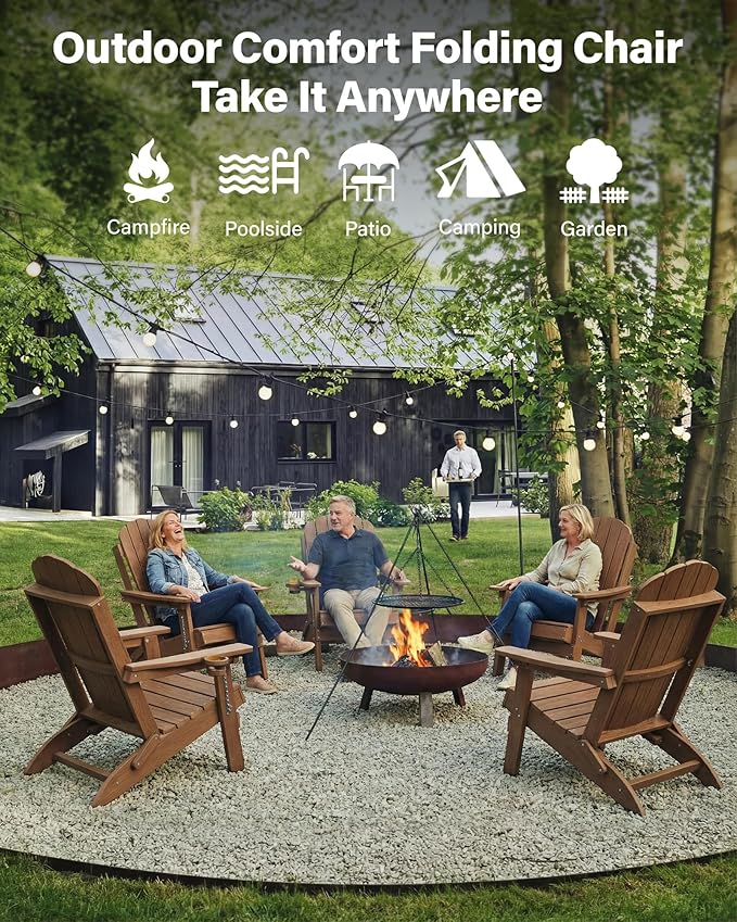YEFU Folding Adirondack Chair for Outdoor: Plastic Foldable Fire Pit Chair with Cup Holders & Adjustable Backrest - Sturdy All-Weather HDPE for Outside Patio Poolside - Easy Assembly(Teak)