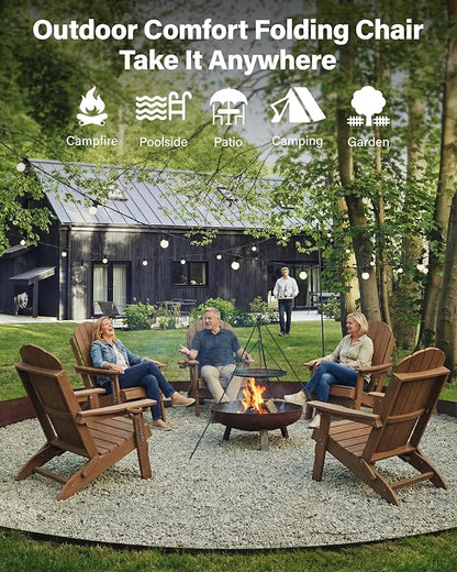 YEFU Adirondack Chairs Set of 6 for Patio: Folding Plastic Fire Pit Chair with Cup Holders & Adjustable Backrest - Sturdy All-Weather HDPE for Outdoor Pool Lawn - Easy Assembly(Teak)