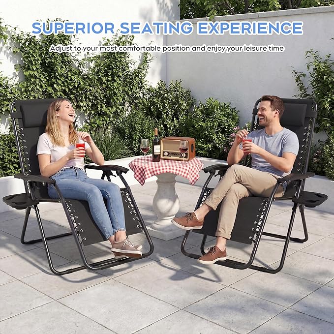 Set of 2 Adjustable Zero Gravity Lounge Chairs Outdoor Recliner w/Cup Holder Tray & Removable Pillows, Ergonomic Reclining Chair for Camping Patio Lawn Balcony (Black)