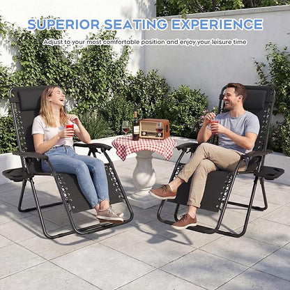 Set of 2 Adjustable Zero Gravity Lounge Chairs Outdoor Recliner w/Cup Holder Tray & Removable Pillows, Ergonomic Reclining Chair for Camping Patio Lawn Balcony (Black)
