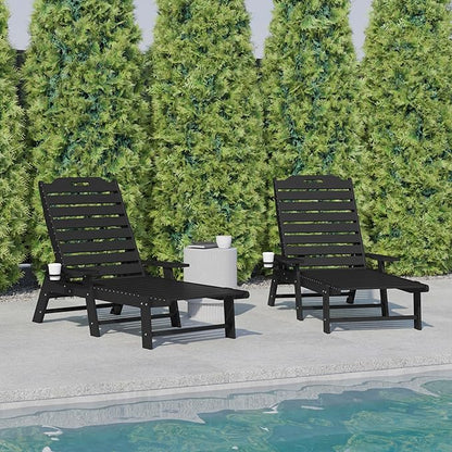 Flash Furniture Monterey Adjustable Adirondack Loungers with Cup Holders- All-Weather Indoor/Outdoor HDPE Lounge Chairs, Set of 2, Black