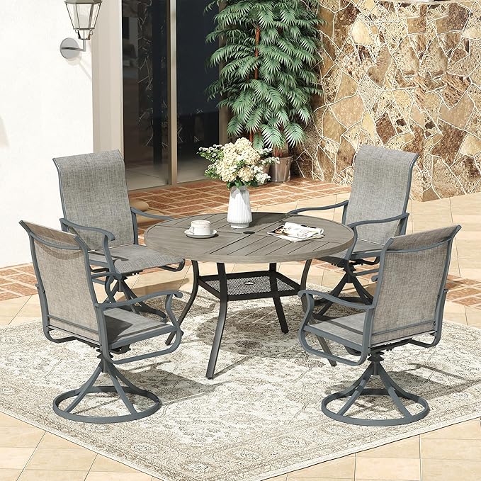 VICLLAX 40.6" Round Patio Dining Table for 4, All Weather Metal Outdoor Table with 1.57" Umbrella Hole and Storage Shelf for Garden Lawn Deck, Grey