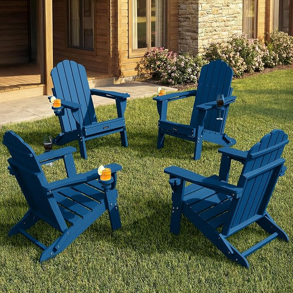 Adirondack Chairs Set of 4, HDPE Fire Pit Chairs, Plastic Adirondack Chairs with 2 Cup Holder - Photo 1
