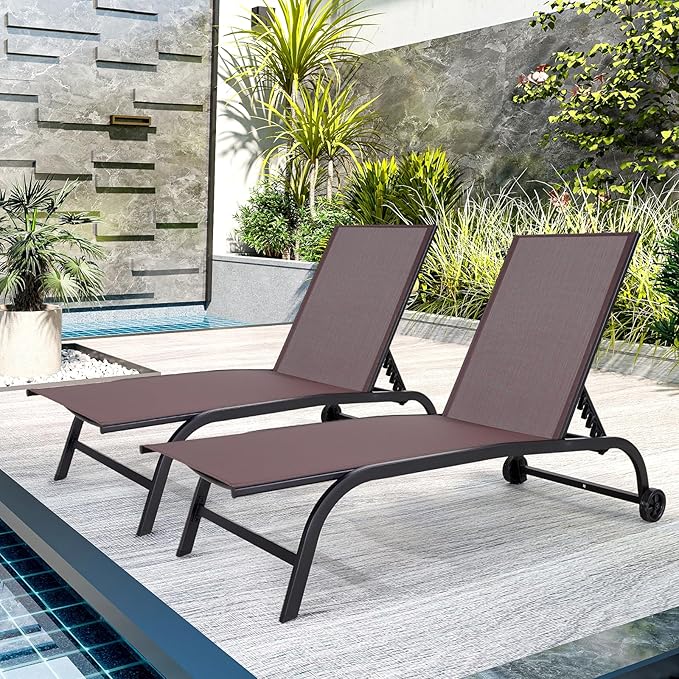 EROMMY Patio Chaise Lounge Chair Set of 2 with Wheels, Oversized 26" W Outdoor Lounge Chairs with Adjustable Backrest, Waterproof Poolside Lounge Chairs
