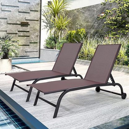 EROMMY Patio Chaise Lounge Chair Set of 2 with Wheels, Oversized 26" W Outdoor Lounge Chairs with Adjustable Backrest, Waterproof Poolside Lounge Chairs