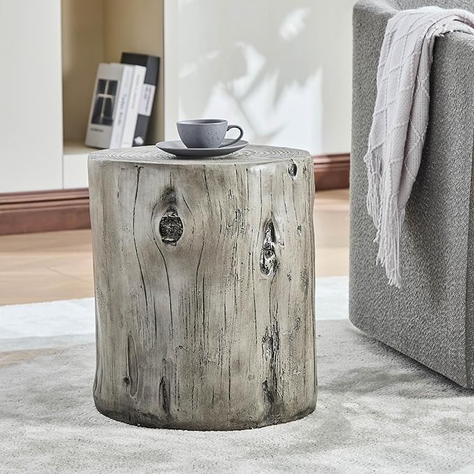 Christopher Knight Home Pawn 17" H MGO Outdoor Side Table with Tree-Stump Design, Patio Decorative Wood-Like Texture End Table, Round Top Lightweight Concrete Garden Stool, No Assembly, Gray