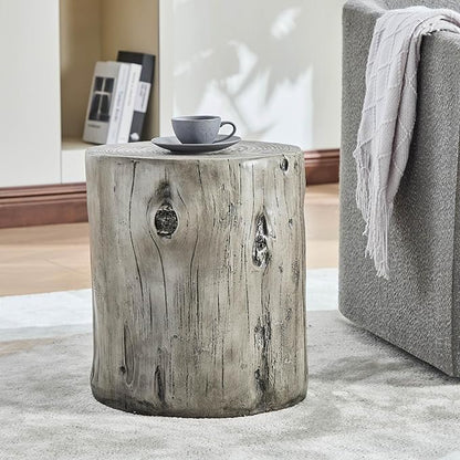 Christopher Knight Home Pawn 17" H MGO Outdoor Side Table with Tree-Stump Design, Patio Decorative Wood-Like Texture End Table, Round Top Lightweight Concrete Garden Stool, No Assembly, Gray