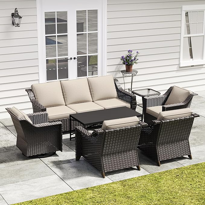 7 Pieces Outdoor Conversation Furniture Set - 77" Patio sofa, 2 Armchairs, 2 Swivel Glider Chairs, 1 Side Table - Photo 1