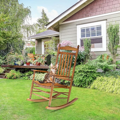 Bonnlo Wood Rocking Chair Outdoor with 450 lbs Support Relaxing Rocker Solid Wood High Back Seat Reclining Seat for Deck, Garden, Backyard, Porch, Indoor or Outdoor Use, Teak