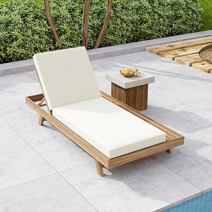 Christopher Knight Home Dami Patio Chaise Lounge Chair Outdoor with 4-Thick Cushion, Acacia Wood Poolside Sun Lounger, Space Available On One Side, Adjustable Backrest Pool Lounger, Light Brown+Cream
