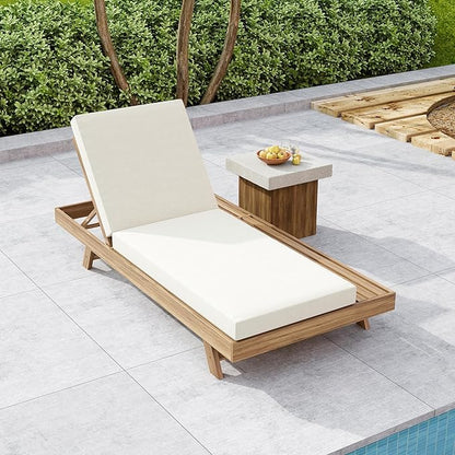 Christopher Knight Home Dami Patio Chaise Lounge Chair Outdoor with 4-Thick Cushion, Acacia Wood Poolside Sun Lounger, Space Available On One Side, Adjustable Backrest Pool Lounger, Light Brown+Cream