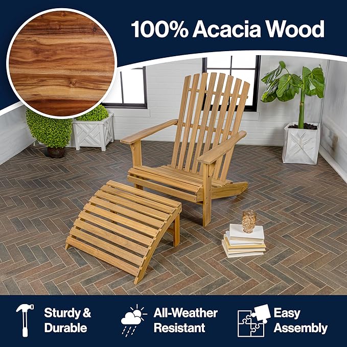JONATHAN Y ADK1000A Saranac 2-Piece Traditional Rustic Acacia Wood Adirondack Chair with Detachable Ottoman Classic, Coastal, Cottage, Vintage, Farmhouse, Teak Brown