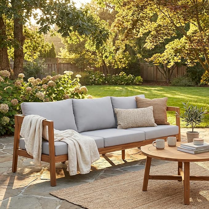 Merax 76.38" Acacia Solid Wood 3-Seater Outdoor Patio Sofa, Teak Finish with Beige Cushions - Photo 1