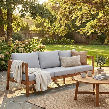 Merax 76.38" Acacia Solid Wood 3-Seater Outdoor Patio Sofa, Teak Finish with Beige Cushions, Lounge Sofa for Garden & Patio, Teak+Light Grey