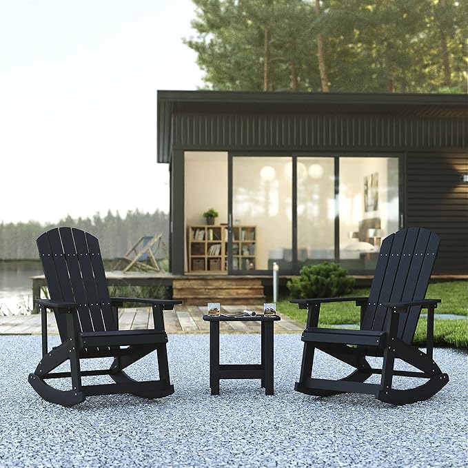 Flash Furniture Set of 2 Savannah Adirondack Rocking Chairs - Commercial Grade All-Weather Black Poly Resin Wood - Photo 2