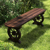 Tangkula Patio Rustic Wood Bench, Carbonized Wood Long Bench with Wagon Wheel Base, Slatted Seat Design - Photo 4