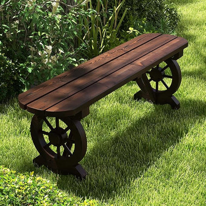 Tangkula Patio Rustic Wood Bench, Carbonized Wood Long Bench with Wagon Wheel Base, Slatted Seat Design, 2-Seat Dining Bench for Garden, Backyard, Porch, 710 LBS Max Load