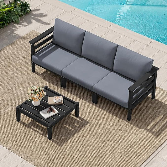 SERWALL HDPE Patio Furniture Set, 4 Pieces Outdoor Sectional Sofa Set, All-Weather Wood-Like Outdoor Sofa Couch with Coffee Table for Deck, Lawn, Black Frame with Grey Cushion