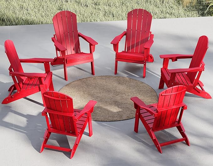 Plawdlik Folding Adirondack Chair Set of 6 with Cup Holder，Wooden Textured ，Heavy All-Weather HDPE Comfortable Set - Photo 1