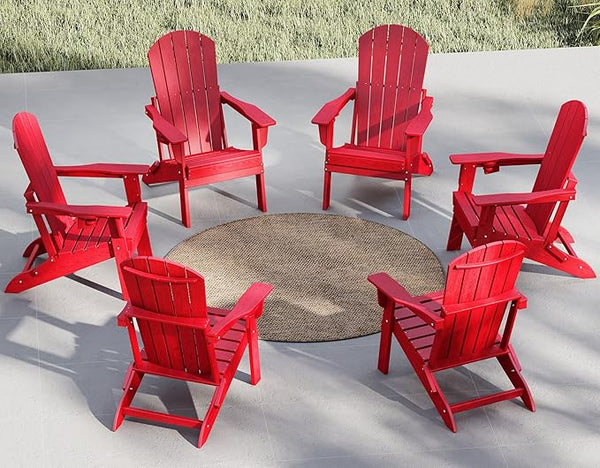 Plawdlik Folding Adirondack Chair Set of 6 with Cup Holder，Wooden Textured ，Heavy All-Weather HDPE Comfortable Set - Photo 1