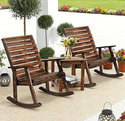 3 Piece Wood Rocking Chair with Table, Outdoor Bistro Set High Back Rocker Table Set, Wood Rocking Chair Set with Coffee Table Wooden Rocker for Deck, Garden, Backyard, Porch