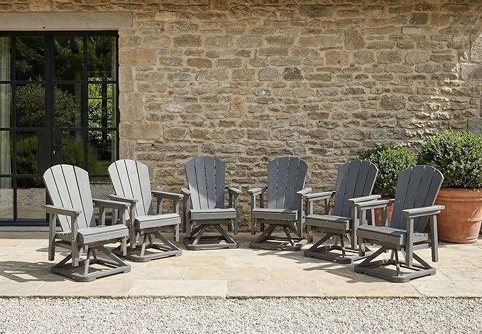 HDPE Swivel Glider Chair Outdoor, Weather Resistant Adirondack Outside Rocking Chair, Wooden Textured Outdoor Swivel Chair Set of 6 for Porch, Balcony, Poolside, Backyard (Grey)