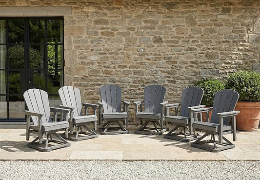 HDPE Swivel Glider Chair Outdoor, Weather Resistant Adirondack Outside Rocking Chair, Wooden Textured Outdoor Swivel Chair Set of 6 for Porch, Balcony, Poolside, Backyard (Grey)