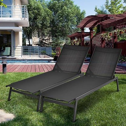 Giantex Chaise Lounge Chair Patio - Tanning Chair w/ 6 Position Adjustable Backrest, Breathable Fabric, Chaise Lounger for Outside, Poolside, Backyard, Lawn, Garden, Outdoor Lounge Chair (2, Black)