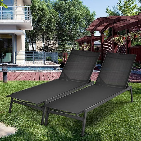 Giantex Chaise Lounge Chair Patio - Tanning Chair w/ 6 Position Adjustable Backrest, Breathable Fabric, Chaise Lounger for Outside, Poolside, Backyard, Lawn, Garden, Outdoor Lounge Chair (2, Black)