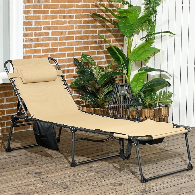 Folding Chaise Lounge Chair,5-Level Adjustable Reclining Back with Reading Face Hole, Outdoor Sun Tanning Chair for - Photo 2