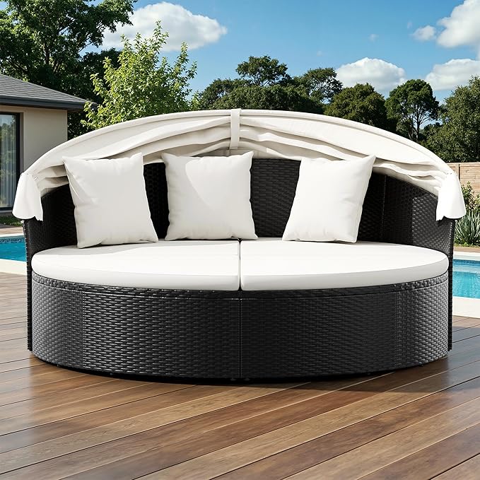 Patio Furniture Round Outdoor Daybed with Retractable Canopy Wicker Rattan Sectional Sofa for Lawn Garden Backyard Pool - Photo 6
