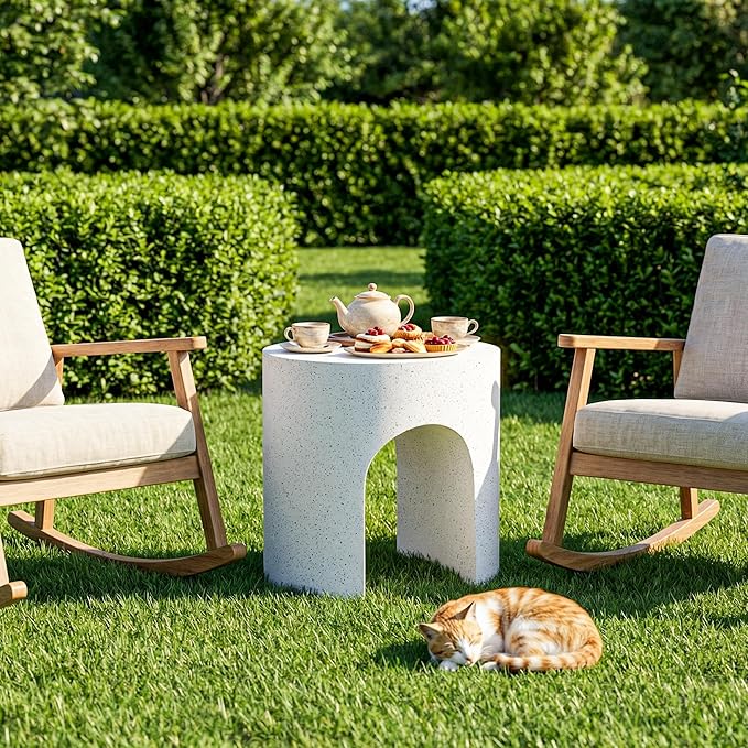 COSIEST White Outdoor Side Table, 15.7" Modern Concrete End Table with Arched Open for Patio - Photo 2