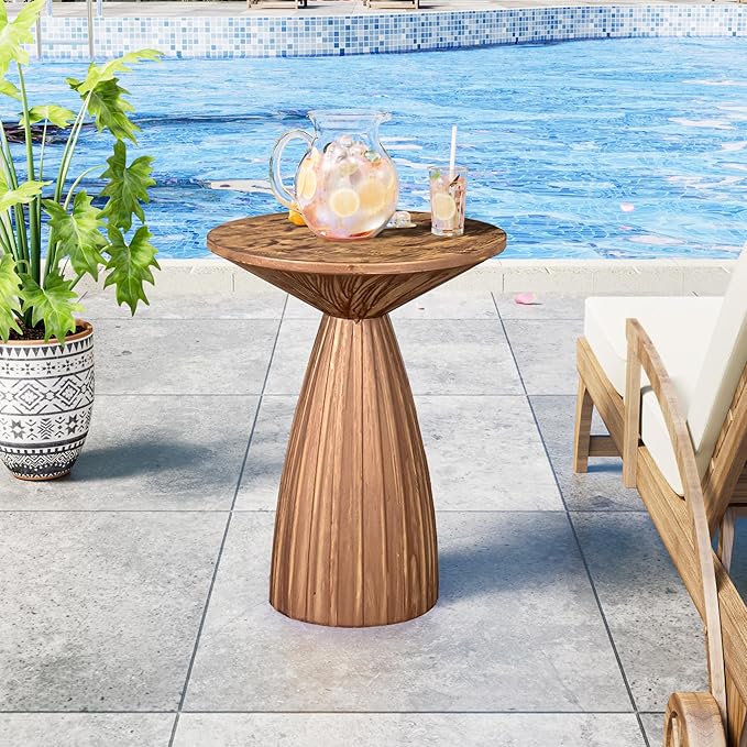 Round Small Patio Side Table Set of 2, Patio Furniture Accent End Table, Metal Steel Outdoor Side Table, for Garden, Pool, Yard, Balcony, Living Room, Deck, Weather Resistant, No Assembly, Wood Color