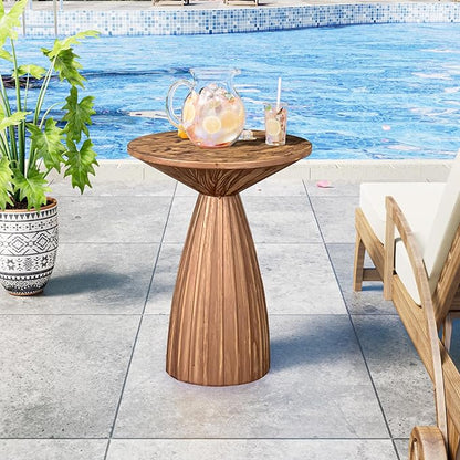 Round Small Patio Side Table Set of 2, Patio Furniture Accent End Table, Metal Steel Outdoor Side Table, for Garden, Pool, Yard, Balcony, Living Room, Deck, Weather Resistant, No Assembly, Wood Color