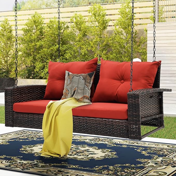 DWVO Hanging Porch Swing Chair Outdoor Wicker Rattan Patio Swing Lounge 2 Seats Cushions Capacity 530lbs for Balcony - Photo 7