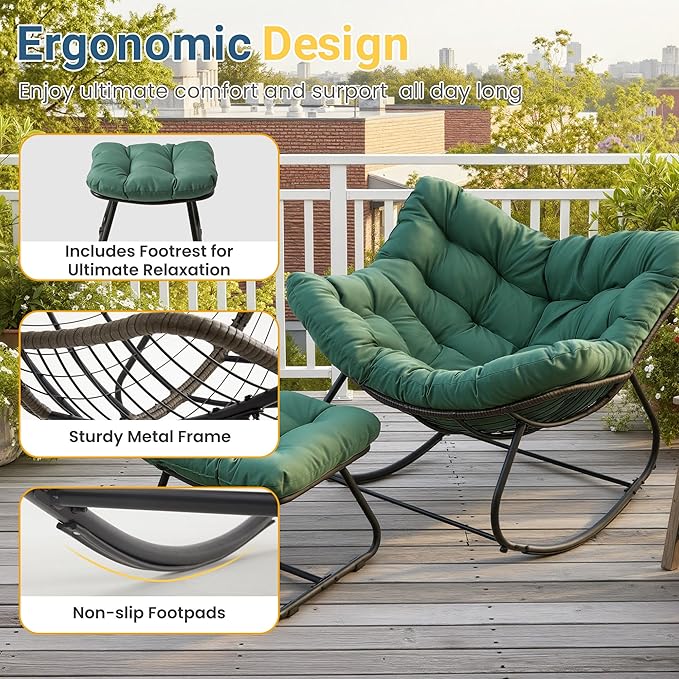 Wisteria Lane Patio Rocking Chair with Ottoman, Outdoor Indoor Rocking Egg Chair with Cushions, Metal Lounge Chair Oversized Papasan Chair, Outdoor Wicker Reading Chair for Porch Garden, Green