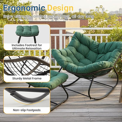 Wisteria Lane Patio Rocking Chair with Ottoman, Outdoor Indoor Rocking Egg Chair with Cushions, Metal Lounge Chair Oversized Papasan Chair, Outdoor Wicker Reading Chair for Porch Garden, Green