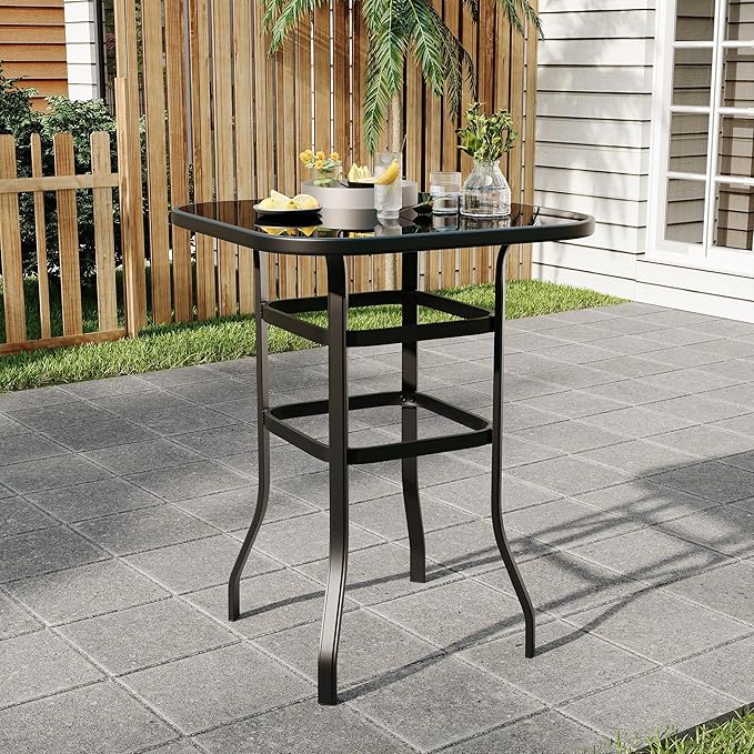 31.5 Inch Outdoor Patio Bar Table with Tempered Glass Top, Square High Top Pub Table All Weather Metal Frame for Balcony, Backyard, Poolside, Garden Furniture