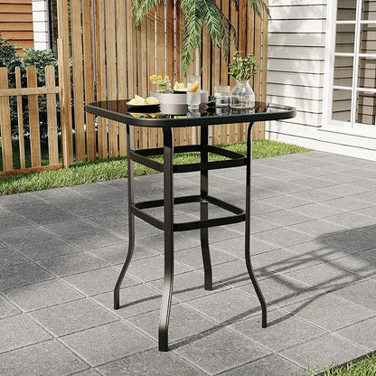 31.5 Inch Outdoor Patio Bar Table with Tempered Glass Top, Square High Top Pub Table All Weather Metal Frame for Balcony, Backyard, Poolside, Garden Furniture