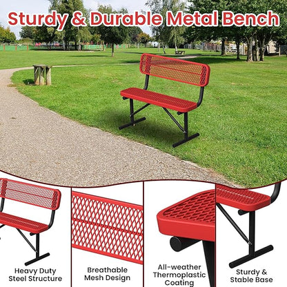 4ft Metal Park Bench with Back, Red Heavy-Duty Steel Outdoor Bench Dock Bench Weatherproof Long Bench Seats, Commercial Garden Benches for Lawn, Park, Deck, Garden, Patio, Porch, Easy Installation