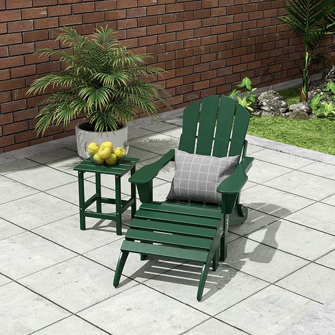 WO Home Furniture 3pc Set - HDPE Poly Adirondack Chair with Ottoman/Footrest and Square Side Table, All Weather and UV Resistant for Outdoor Patio Backyard, Garden, Dark Green