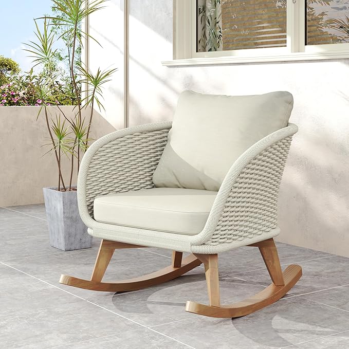Outdoor Wooden Rocking Chair, Patio Rocking Chair with Soft Cushions & Wood Leg - Photo 1