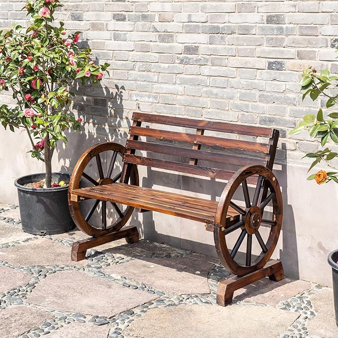 Wagon Wheel Bench, Wooden Outdoor Bench 2-Person Seat, Rustic Patio Benches with Backrest for Porch, Garden Brown 19.7inchD x 41.3inchW x 30.3inchH