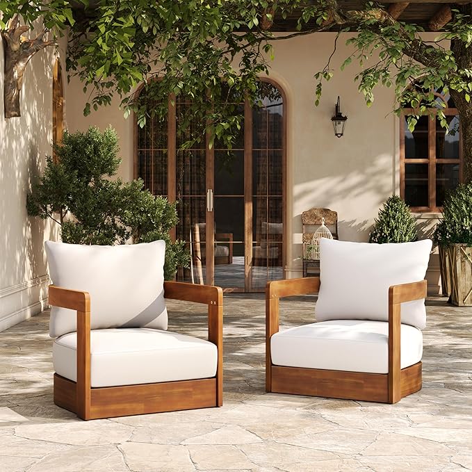 Christopher Knight Home Chloe Acacia Wood Lounge Chair Outdoor Set of 2, Curved Tub Design Accent Chairs with Weather Resistant Cushion, Comfy Low Profile Reading Seating for Backyard, Teak+ Beige