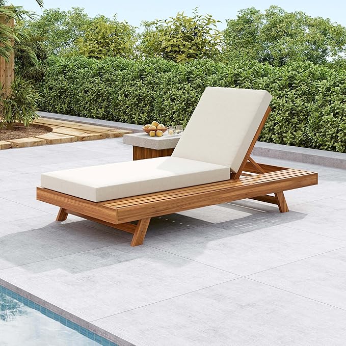 Acacia Wood Outdoor Chaise Lounge with Open Slatted Side, 4-Position Pool Lounge Chairs with All-Weather Cushion, Teak Finish Reclining Patio Chair, 300Lbs Capacity (Cream, 4 inch)